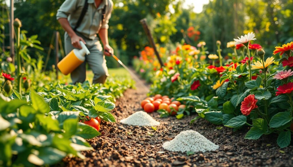 A vibrant vegetable garden teeming with life, focusing on a close-up view of effective ant control methods. In the foreground, a gardener, dressed in modest casual clothing, sprays a natural, eco-friendly solution around a lush patch of green beans and tomatoes. The middle ground features small piles of safe, non-toxic ant bait and diatomaceous earth scattered strategically on the soil, surrounded by colorful vegetables. In the background, dense greenery and blooming flowers create a serene garden atmosphere, illuminated by warm, soft sunlight filtering through the leaves. The mood should feel peaceful and proactive, highlighting sustainable gardening practices while keeping the focus on the ant extermination theme.