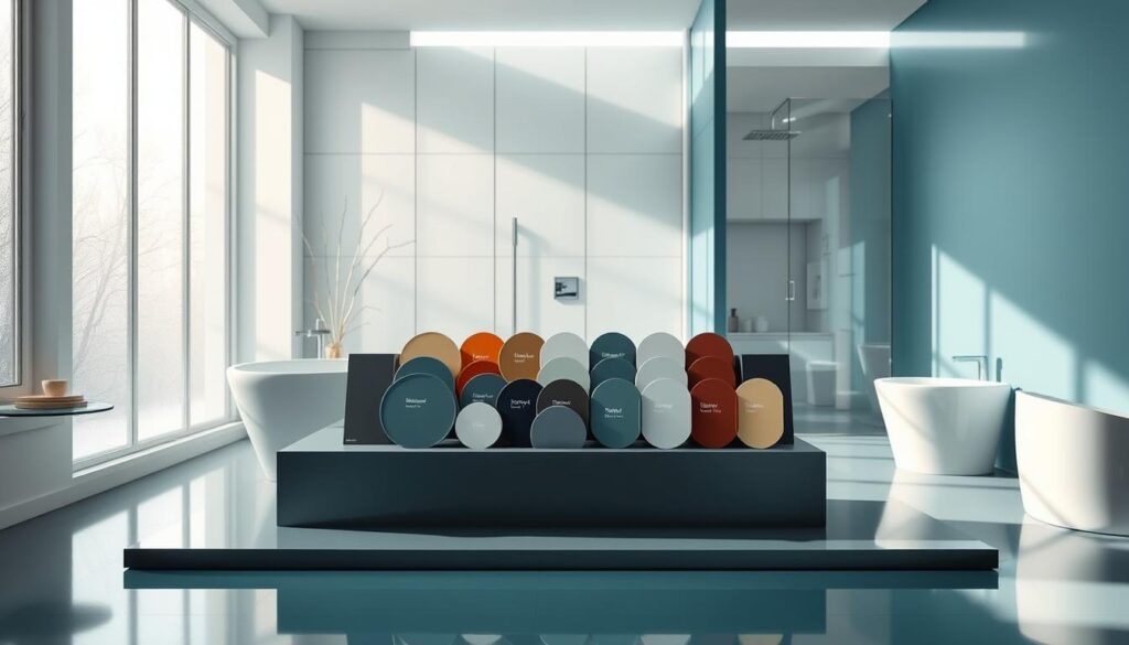 A visually striking bathroom setting showcasing modern waterproof paints in various elegant, muted shades. In the foreground, a glossy-painted wall in a calming blue tones reflects soft ambient light, highlighting its smooth finish and water-resistant texture. In the middle, a variety of paint samples on a stylish, minimalistic display, elegantly arranged like art swatches, each labeled with colors that evoke a sense of tranquility. The background features a sleek shower area with glass panels and clean, contemporary tiles, accentuating the idea of a stylish, moisture-resistant space. Natural light filters in through frosted windows, creating a bright, airy atmosphere, inviting viewers to imagine the modern design possibilities for a bathroom.