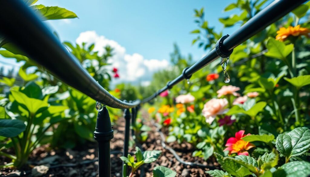 A vividly detailed close-up of a drip irrigation system in a lush garden setting. In the foreground, focus on flexible black drip lines expertly laid between vibrant green plants, with droplets of water clearly visible at intervals along the lines. The middle ground features various garden plants, including colorful flowers and leafy vegetables, thriving due to the efficient watering system. The background shows a bright blue sky with a few fluffy clouds, casting soft, natural light across the scene. The overall atmosphere is serene and productive, highlighting the benefits of drip irrigation in sustainable gardening. Use a macro lens perspective to emphasize the intricate details of the irrigation lines and water droplets while maintaining a clear view of the flourishing garden.