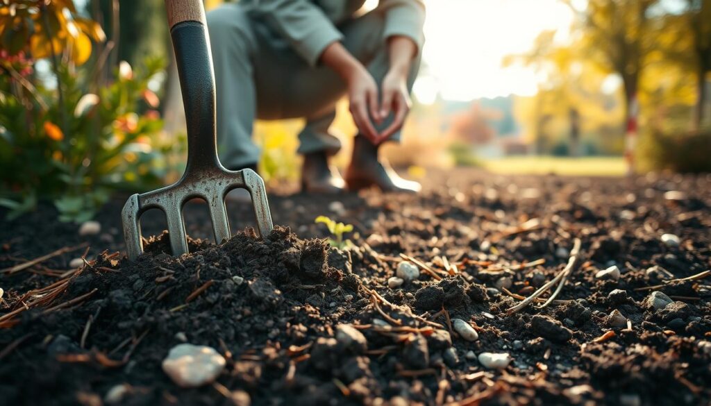 A well-tended garden preparing the soil for heather plants, showcasing rich, dark soil being turned with a garden fork. In the foreground, a close-up of the fork digging into the moist earth, revealing nutrient-rich layers, surrounded by small stones and pine needles. In the middle ground, a gardener in modest casual attire, kneeling and carefully mixing in organic matter to improve soil acidity, with their hands gently handling the soil. In the background, a picturesque autumn landscape with soft sunlight filtering through colorful leaves of nearby trees, creating a warm and inviting atmosphere. The scene should evoke a sense of care and nurturing, with soft natural lighting enhancing the textures of the soil and plants.