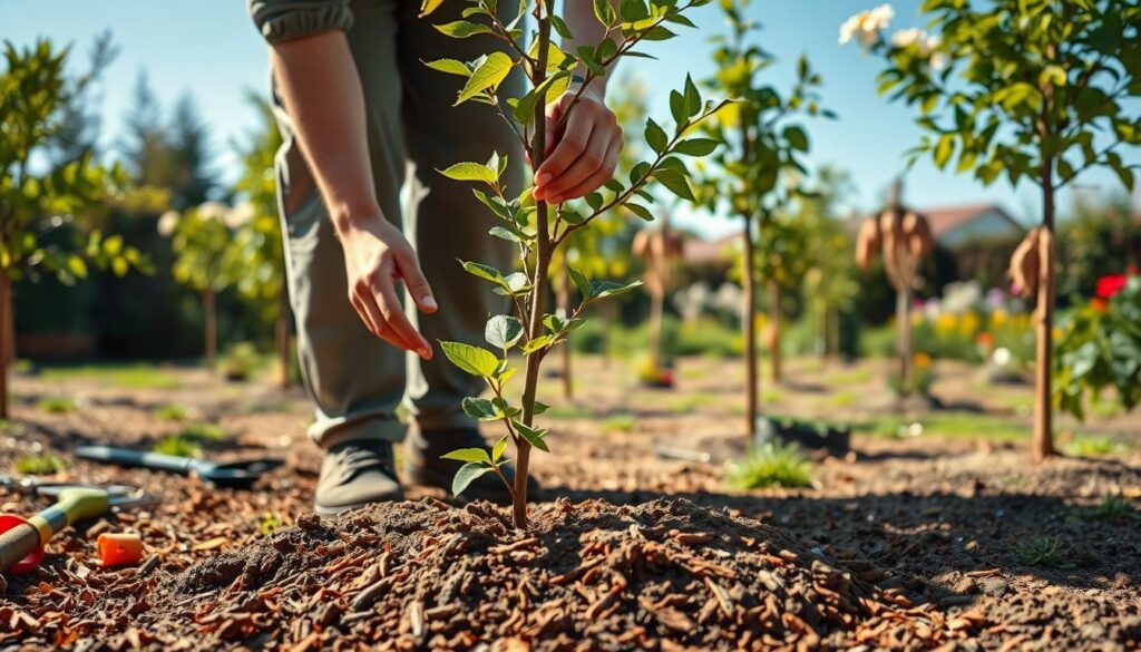 In a serene garden setting, a person, dressed in modest casual clothing, is carefully planting a young tree in rich soil. The foreground showcases the person's hands gently placing the sapling, surrounded by a scattering of garden tools and vibrant mulch. In the middle ground, freshly planted ornamental and fruit trees stand in neat rows, their leaves bright green under dappled sunlight. The background features a lush garden with blooming flowers and a clear blue sky, conveying a peaceful and nurturing atmosphere. Soft, warm lighting enhances the scene, while a shallow depth of field focuses on the tree planting action, emphasizing the importance of care and nurturing in gardening.