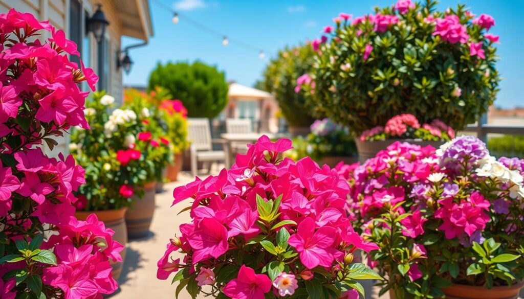 Lush, colorful shrubs ideal for small gardens and balconies, featuring a variety of flowering plants, such as vibrant azaleas, petite hydrangeas, and evergreen boxwoods. The foreground showcases these shrubs bursting with blooms in shades of pink, purple, and white, neatly arranged in decorative pots and raised planters. In the middle ground, a cozy balcony setting is visible, with decorative string lights and a small seating area to enhance the inviting ambiance. The background features a sunny blue sky, adding warmth and brightness to the scene. The image captures a tranquil garden atmosphere, emphasizing the beauty of low-maintenance plants that thrive in smaller spaces, inviting viewers to imagine their own beautiful garden. Soft natural lighting accentuates the colors, while a shallow depth of field focuses on the vibrant plants. Lush, colorful shrubs ideal for small gardens and balconies, featuring a variety of flowering plants, such as vibrant azaleas, petite hydrangeas, and evergreen boxwoods. The foreground showcases these shrubs bursting with blooms in shades of pink, purple, and white, neatly arranged in decorative pots and raised planters. In the middle ground, a cozy balcony setting is visible, with decorative string lights and a small seating area to enhance the inviting ambiance. The background features a sunny blue sky, adding warmth and brightness to the scene. The image captures a tranquil garden atmosphere, emphasizing the beauty of low-maintenance plants that thrive in smaller spaces, inviting viewers to imagine their own beautiful garden. Soft natural lighting accentuates the colors, while a shallow depth of field focuses on the vibrant plants.