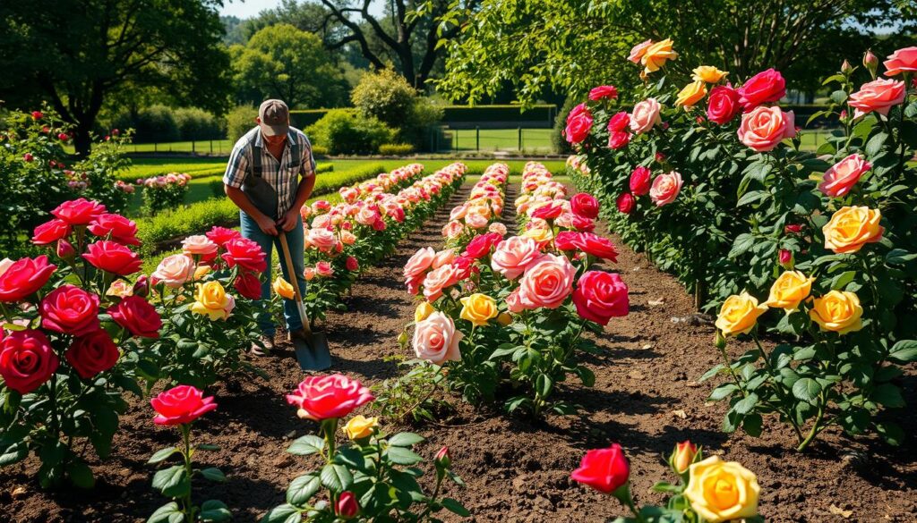 Lush garden scene featuring vibrant rose bushes in full bloom, showcasing various rose varieties in rich colors like deep red, soft pink, and bright yellow. In the foreground, a gardener dressed in casual yet professional attire, carefully digging a planting hole in fertile soil, using a spade. The middle ground displays well-organized rows of roses, nestled between fresh green foliage, with garden tools nearby. The background features a charming garden landscape with leafy trees under soft sunlight, casting gentle shadows. The overall mood is serene and inviting, suggesting a nurturing environment for planting roses, with a focus on cultivating beauty and growth in the garden. The image should be bright, well-lit, emphasizing the vibrant colors of the roses and the richness of the garden soil.