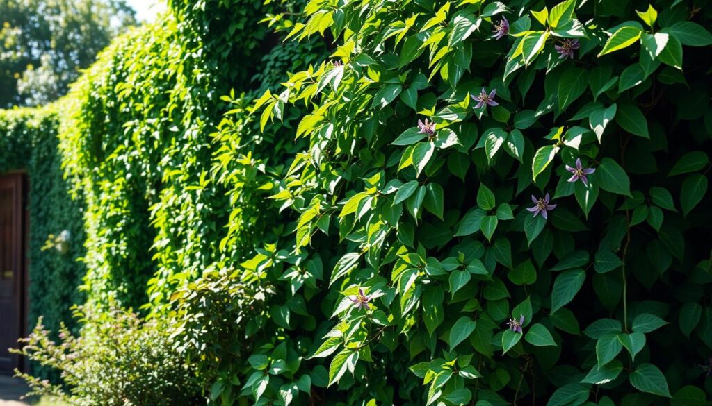 Lush green climbing plants gracefully entwine around an unsightly garden wall, creating a vibrant tapestry of foliage. In the foreground, various species of climbing plants like ivy and clematis showcase their rich textures and hues, with delicate flowers peeking through. The middle ground features the wall partially hidden by cascading leaves, illustrating how nature can transform man-made structures. In the background, soft, dappled sunlight filters through the leaves, casting gentle shadows and enhancing the natural ambiance. The scene captures a serene and inviting garden atmosphere, evoking feelings of tranquility and beauty, emphasizing the ability of plants to mask imperfections while adding elegance to outdoor spaces. Ideal for a garden-themed article on practical ideas for enhancing outdoor aesthetics. Bright, natural lighting ensures clarity and warmth throughout the image.