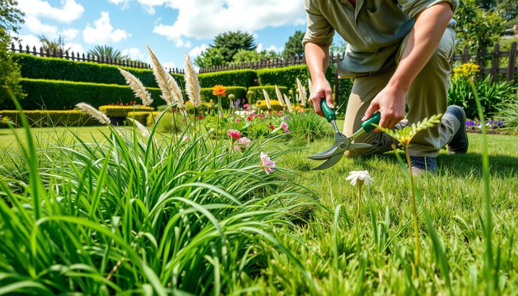 Lush, vibrant garden scene focusing on grass care, featuring a gardener trimming and nurturing various grass types. In the foreground, a meticulous gardener in casual attire is kneeling with a pair of garden shears, carefully shaping a patch of tall ornamental grasses. The middle ground showcases a variety of grasses, including fescue and bluegrass, interspersed with colorful blooming flowers. The background displays a well-maintained garden with hedges and a wooden fence, under bright, natural sunlight filtering through scattered clouds. The scene conveys a serene and nurturing atmosphere, emphasizing the beauty and tranquility of garden maintenance. Captured from a low angle to highlight the textures of the grass and the dedication of the gardener, evoking a sense of harmony and diligence in gardening.