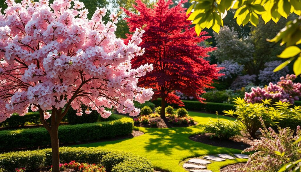 Vibrant ornamental trees in a lush garden setting, showcasing a variety of flowering and foliage-rich species. In the foreground, a striking cherry blossom tree in full bloom with soft pink flowers, surrounded by neatly trimmed hedges and colorful annual flowers. The middle ground features a majestic Japanese maple with deep red foliage, contrasted by a green lawn dotted with decorative stones. In the background, a mix of flowering dogwoods and lilacs creates a cascade of colors. The scene is illuminated by warm, golden sunlight filtering through leaves, with a shallow depth of field to emphasize the close-up details. The atmosphere is serene and inviting, perfect for a tranquil garden space.